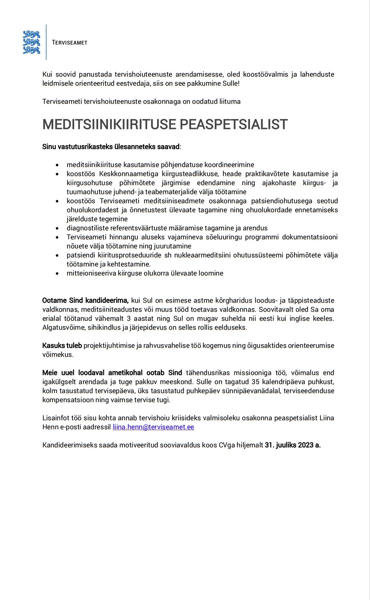 terviseamet meditsiinikiirituse peaspetsialist