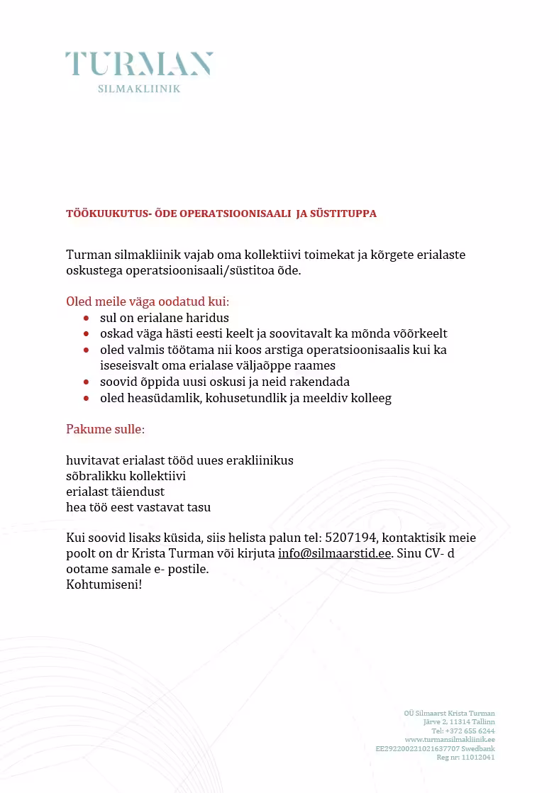 Turman Silmakliinik töökuulutus