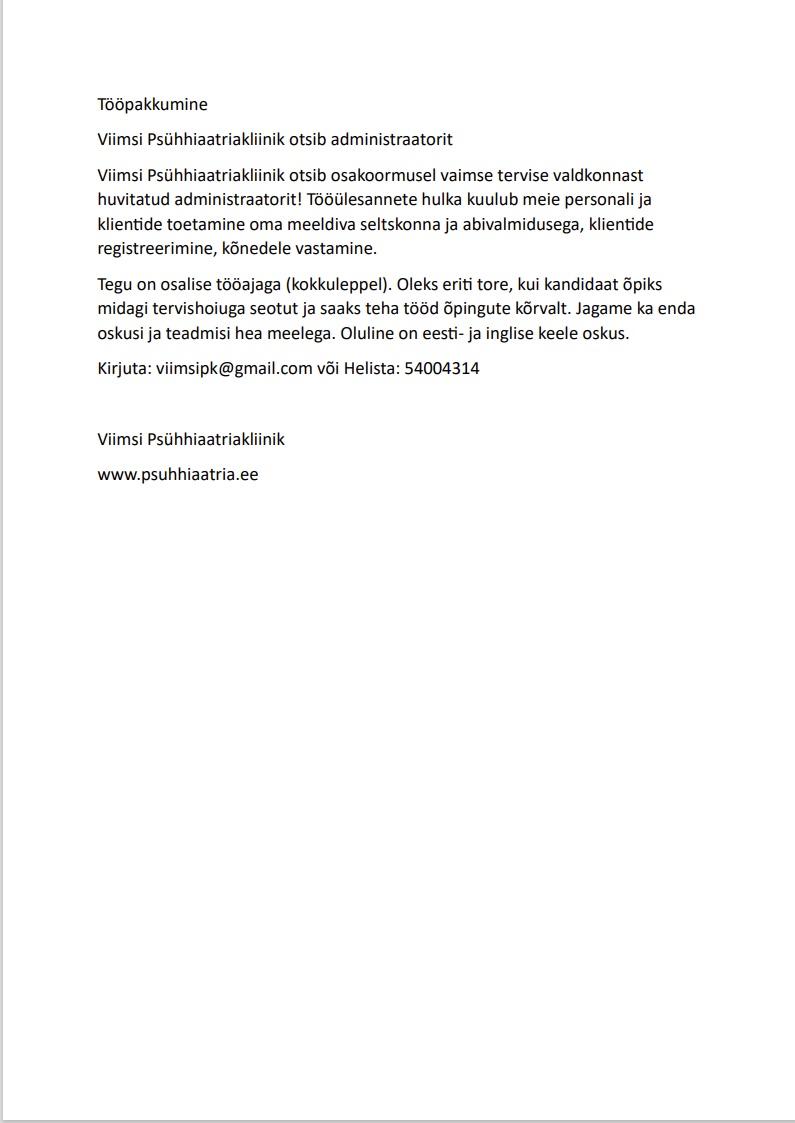 Töökuulutus. Viimsi psühhiaatriakliinik.