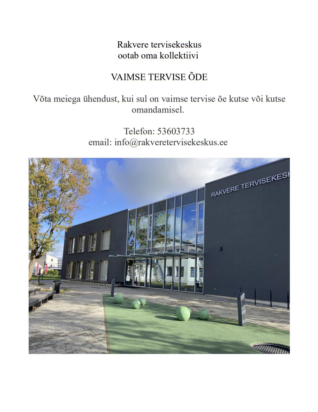 kuulutus Vaimse tervise õde Rakvere tervisekeskus