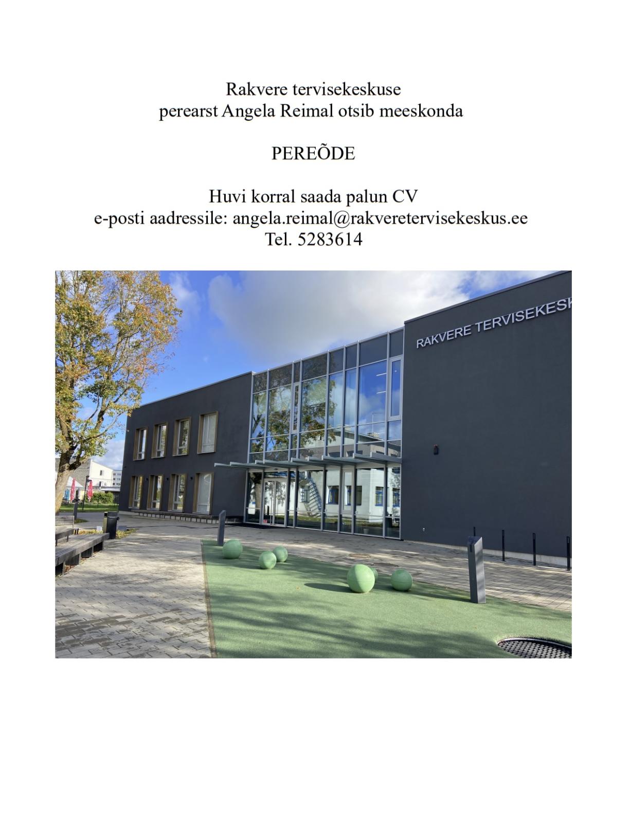Kuulutus pereõde Rakvere tervisekeskus