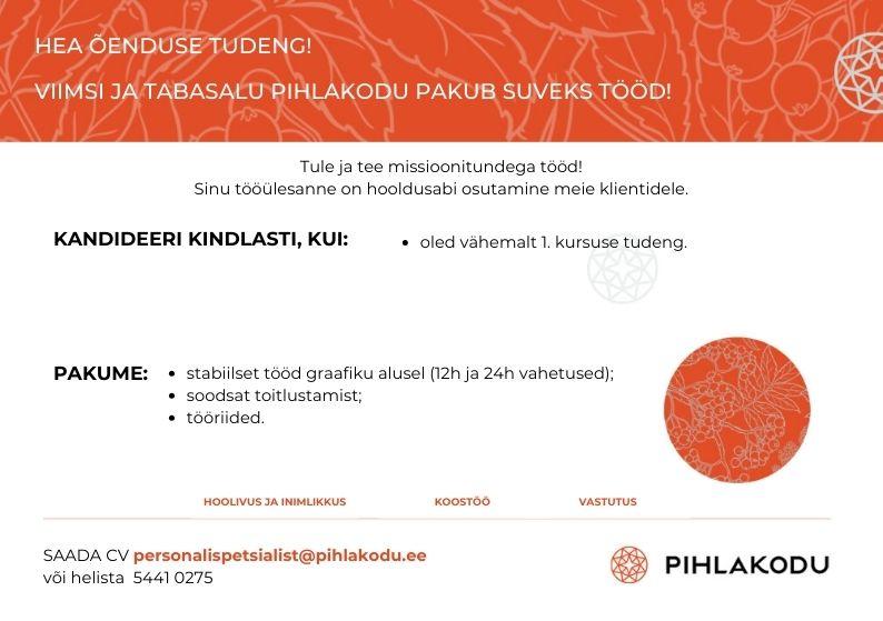 Töökuulutus Pihlakodu hooldustöötaja