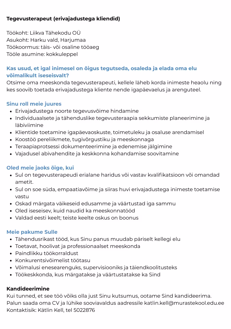 Tegevusterapeudi töökuulutus